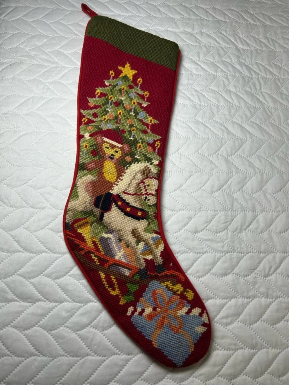 Vintage Needlepoint Christmas Stocking - Rocking Horse & Teddy Bear